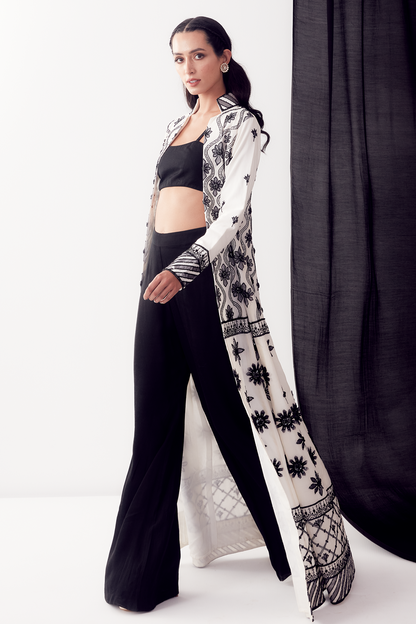 Womens Black And White Chanderi Jacket Set With Pants