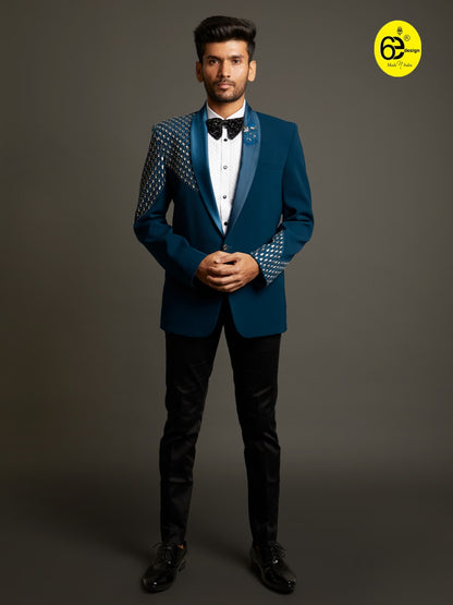 Men wearing turquoise tuxedo