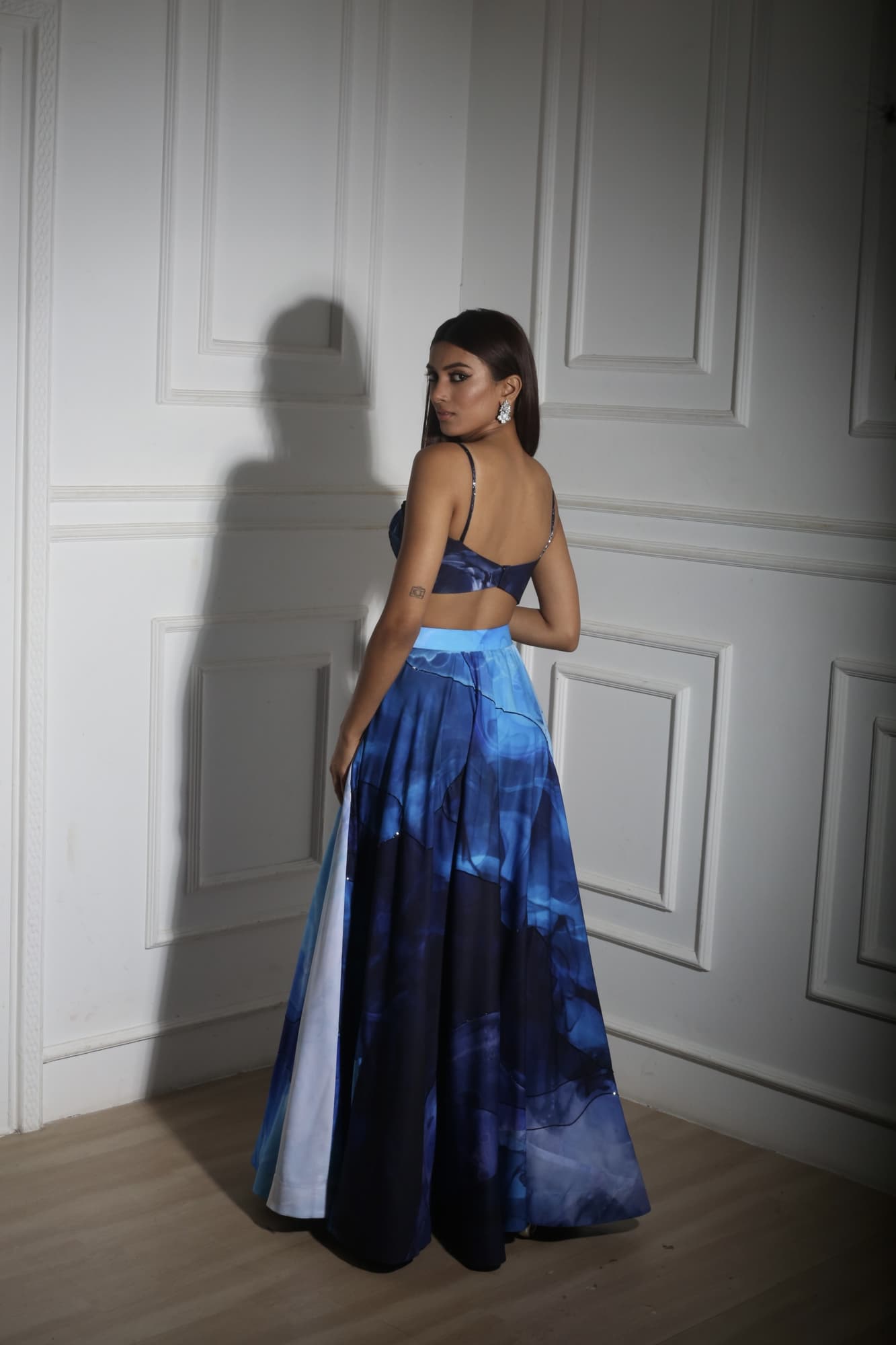 Womens Blue Quilted Bralette Skirt Set