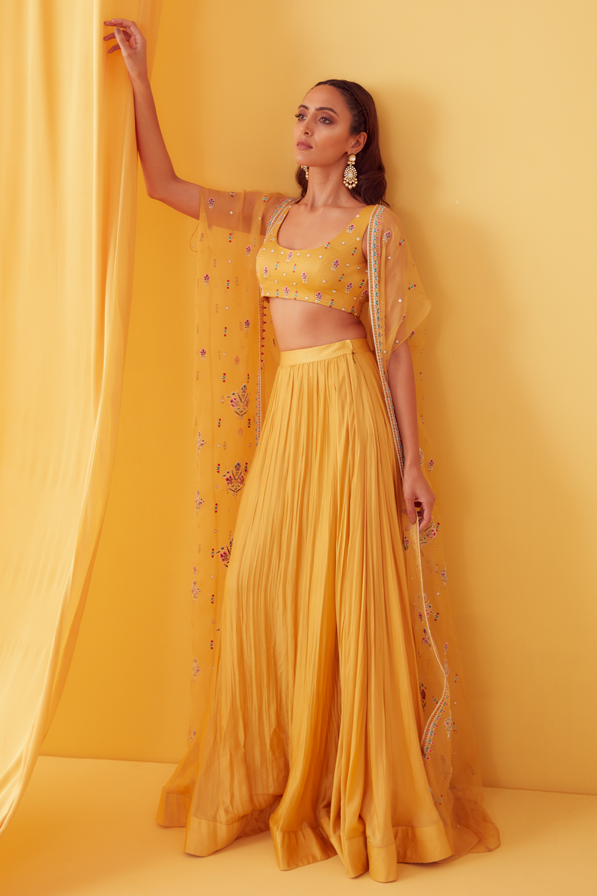 Womens Yellow Organza Lehenga Set