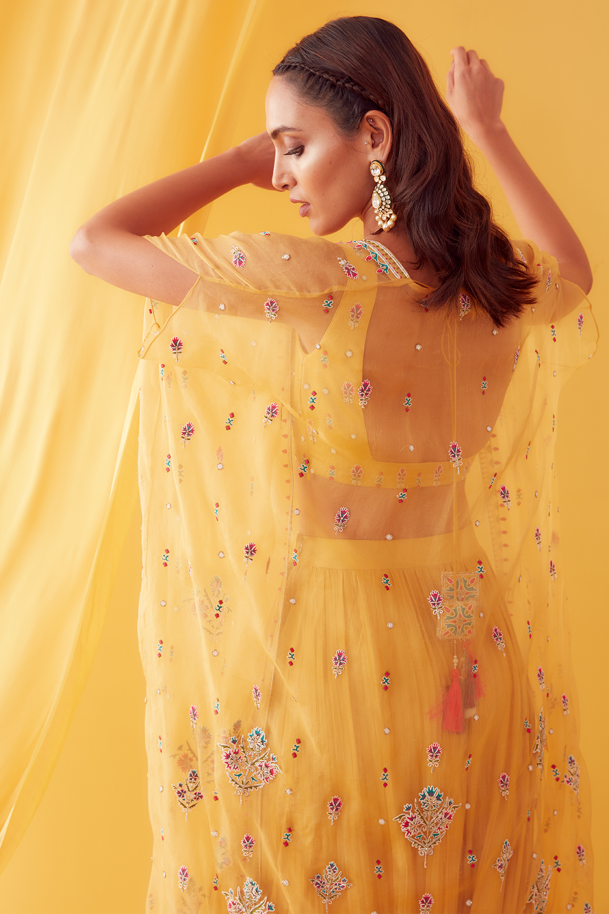 Womens Yellow Organza Lehenga Set