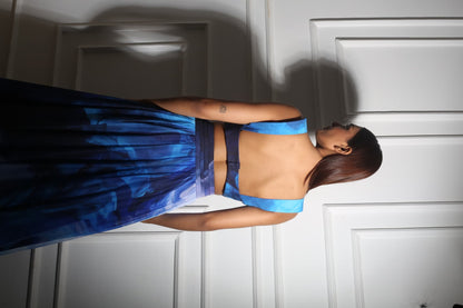 Womens Blue Printed Slit Skirt Set