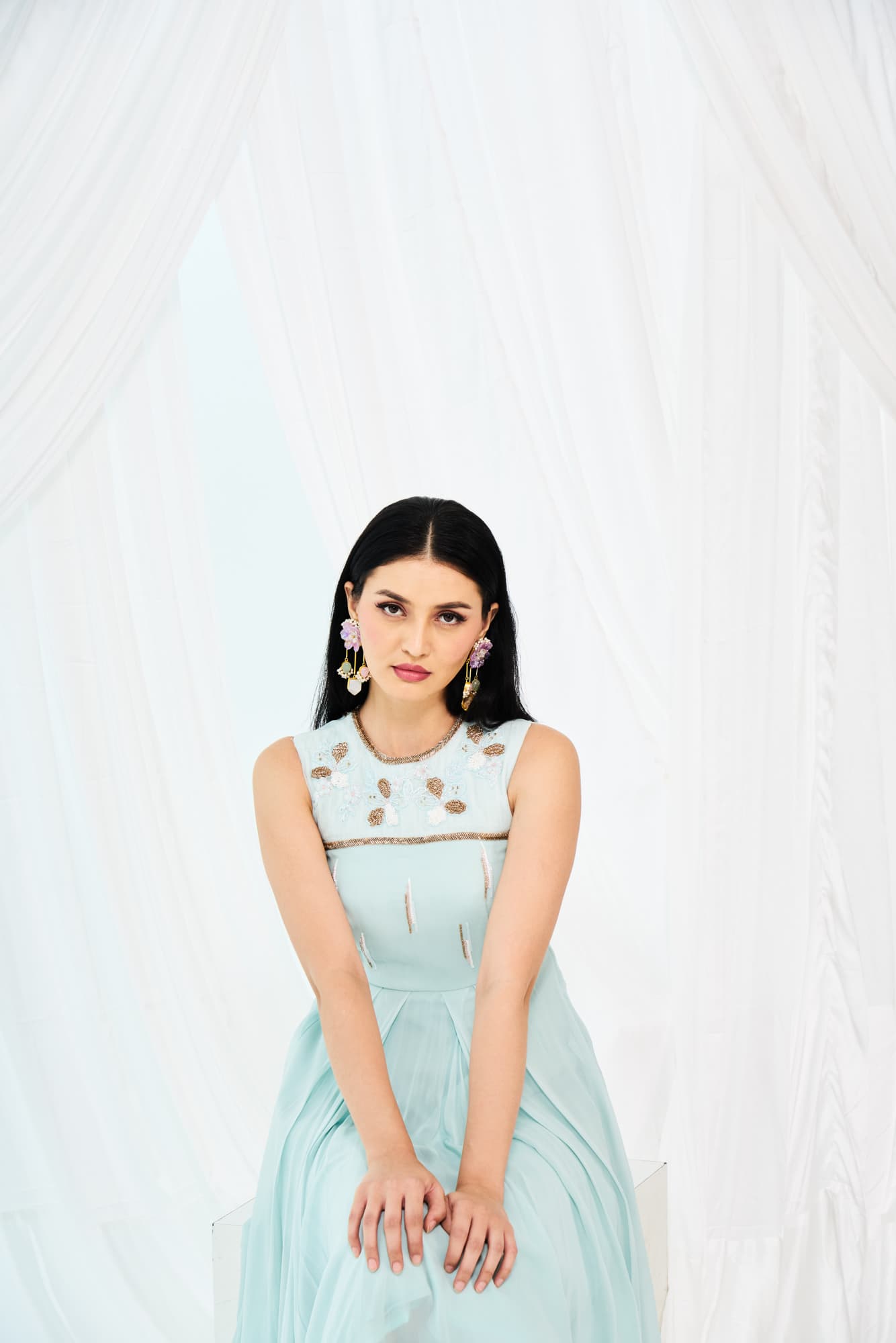 Womens Ice Blue Asymmetric Frock