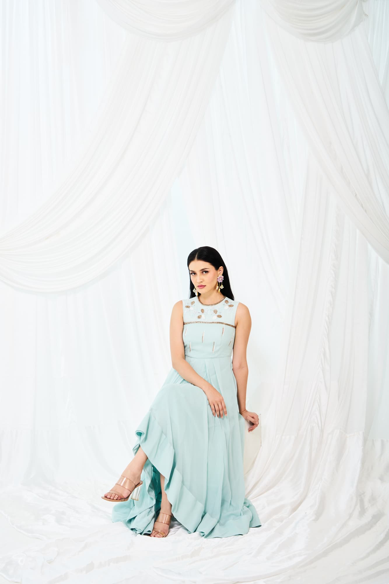 Womens Ice Blue Asymmetric Frock