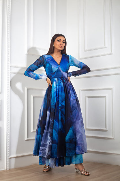 Womens Blue Printed Anarkali Set