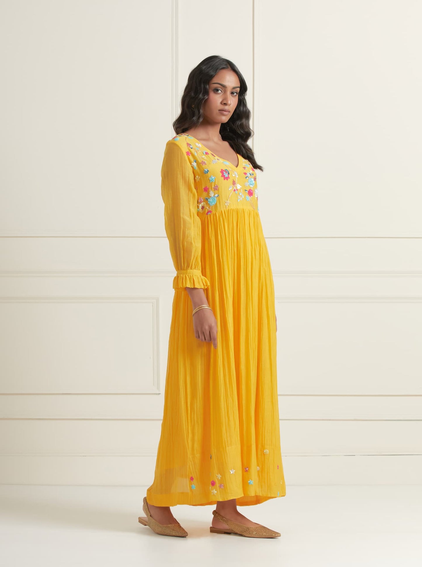 Womens  Elaya MTO Yellow Chanderi Dress