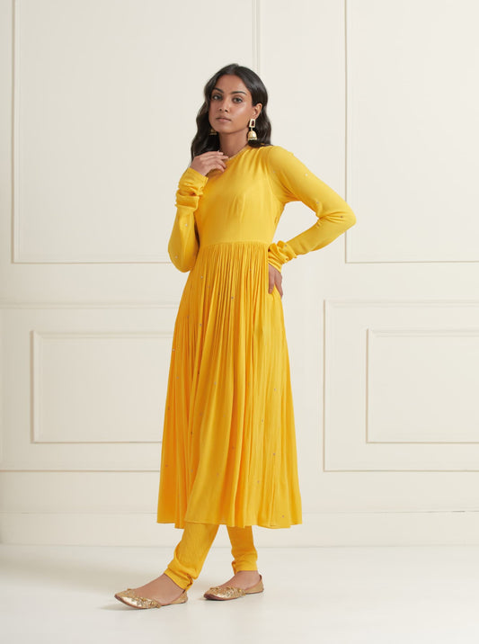 Womens Wearing Naveli 2 MTO Yellow Cotton Anarkali Set