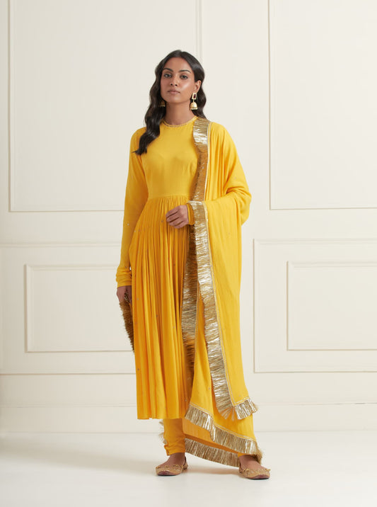 Womens Wearing Naveli 2 MTO Yellow Cotton Anarkali Suit