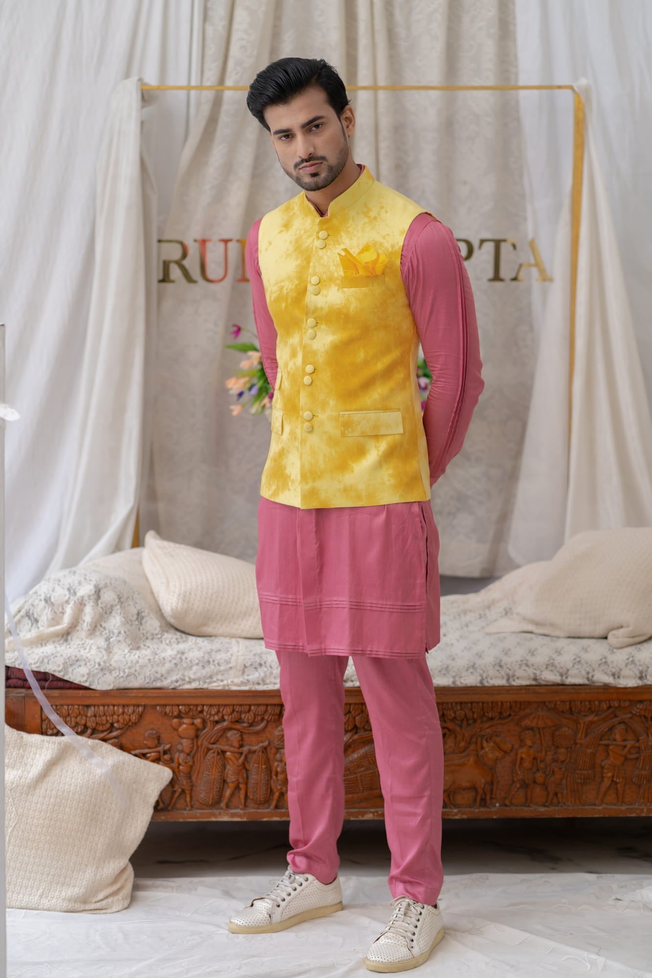 Men Wearing Yellow Jacket on Kurta Set