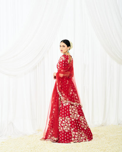 Womens Crimson Red Raw Silk Lehenga Set