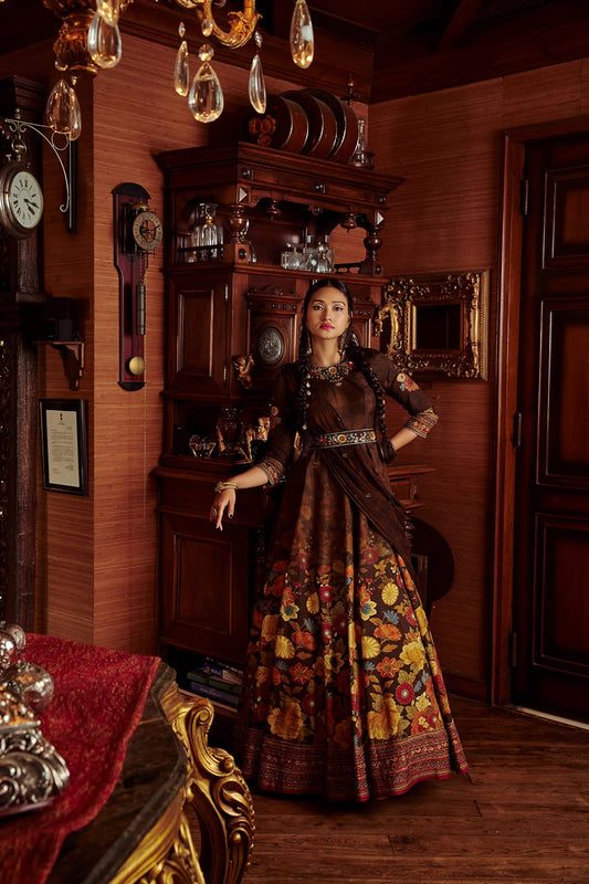 Women Wearing Brown Anarkali Set.