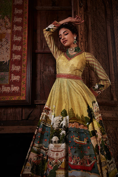 Womens Pakeeza Yellow Silk Anarkali Set