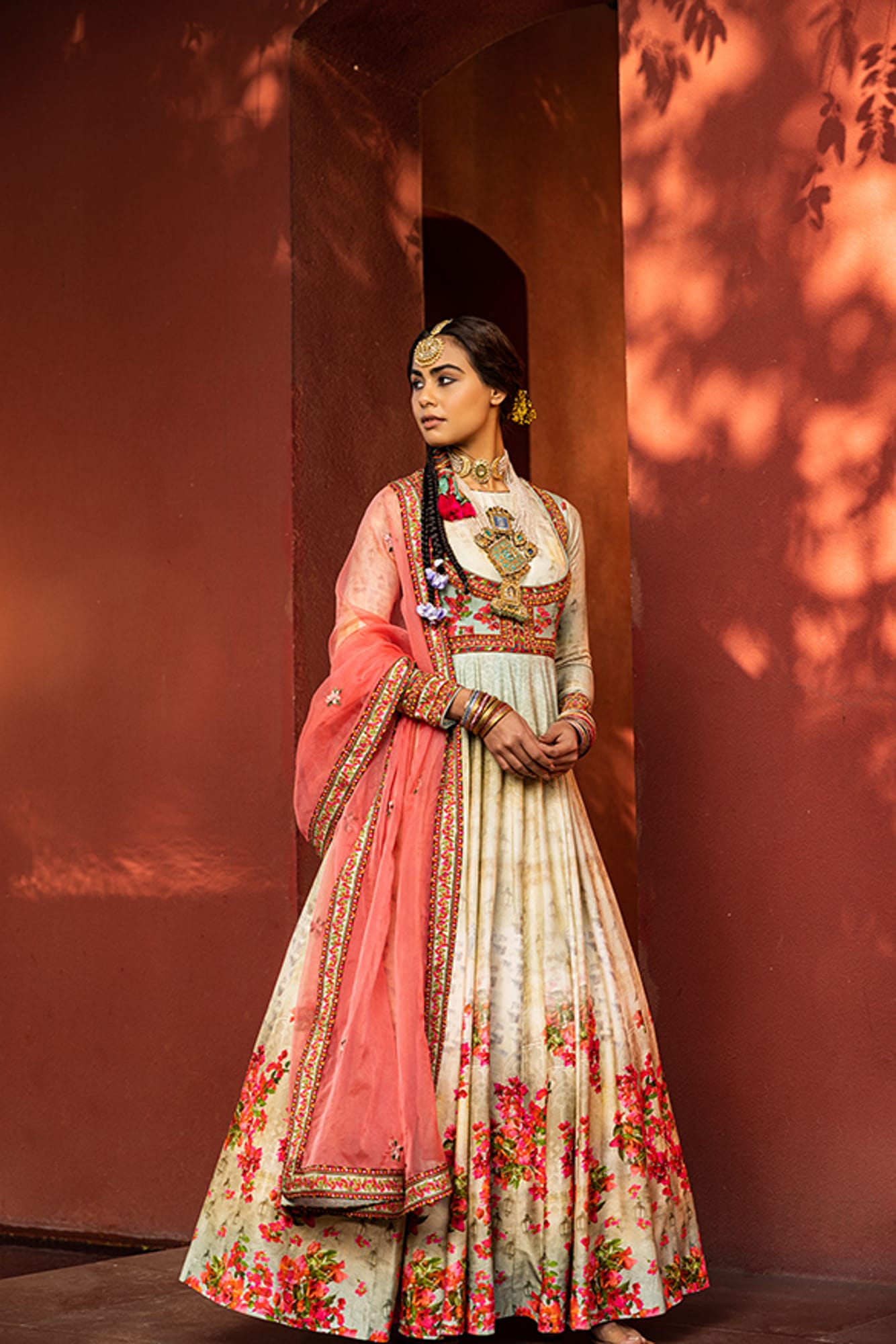 Women Wearing Grey Anarkali Set.