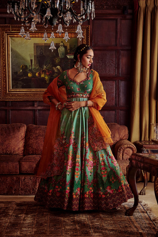 Women Wearing Green Anarkali Set.