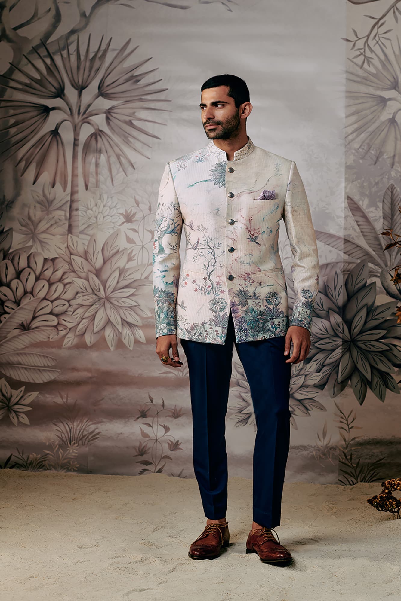 Mens Kaanan Printed bandhgala in hues of blue and lavendar with zari on top