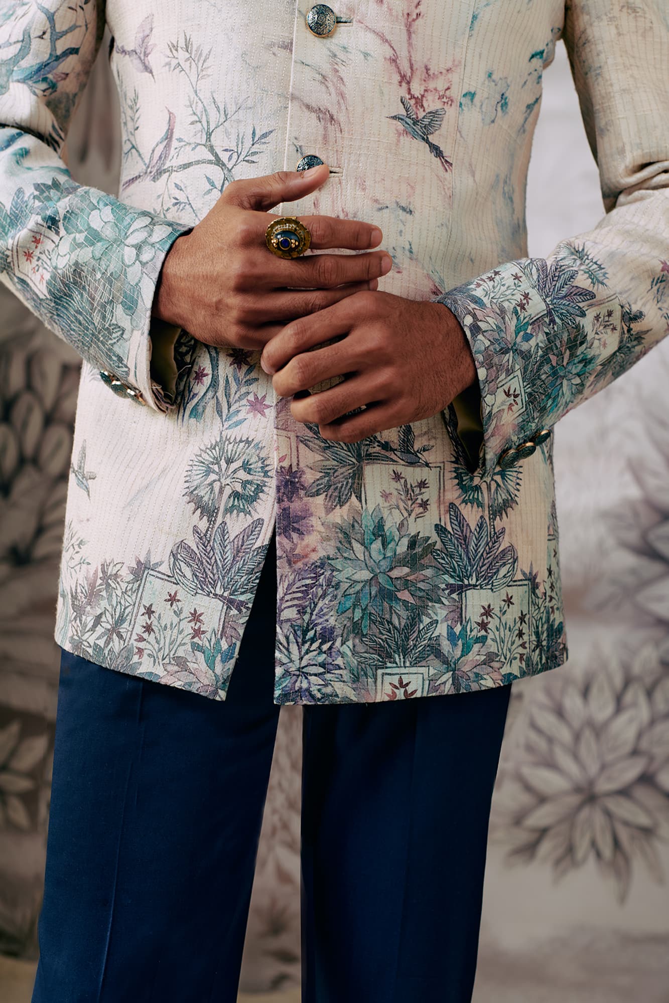 Mens Kaanan Printed bandhgala in hues of blue and lavendar with zari on top
