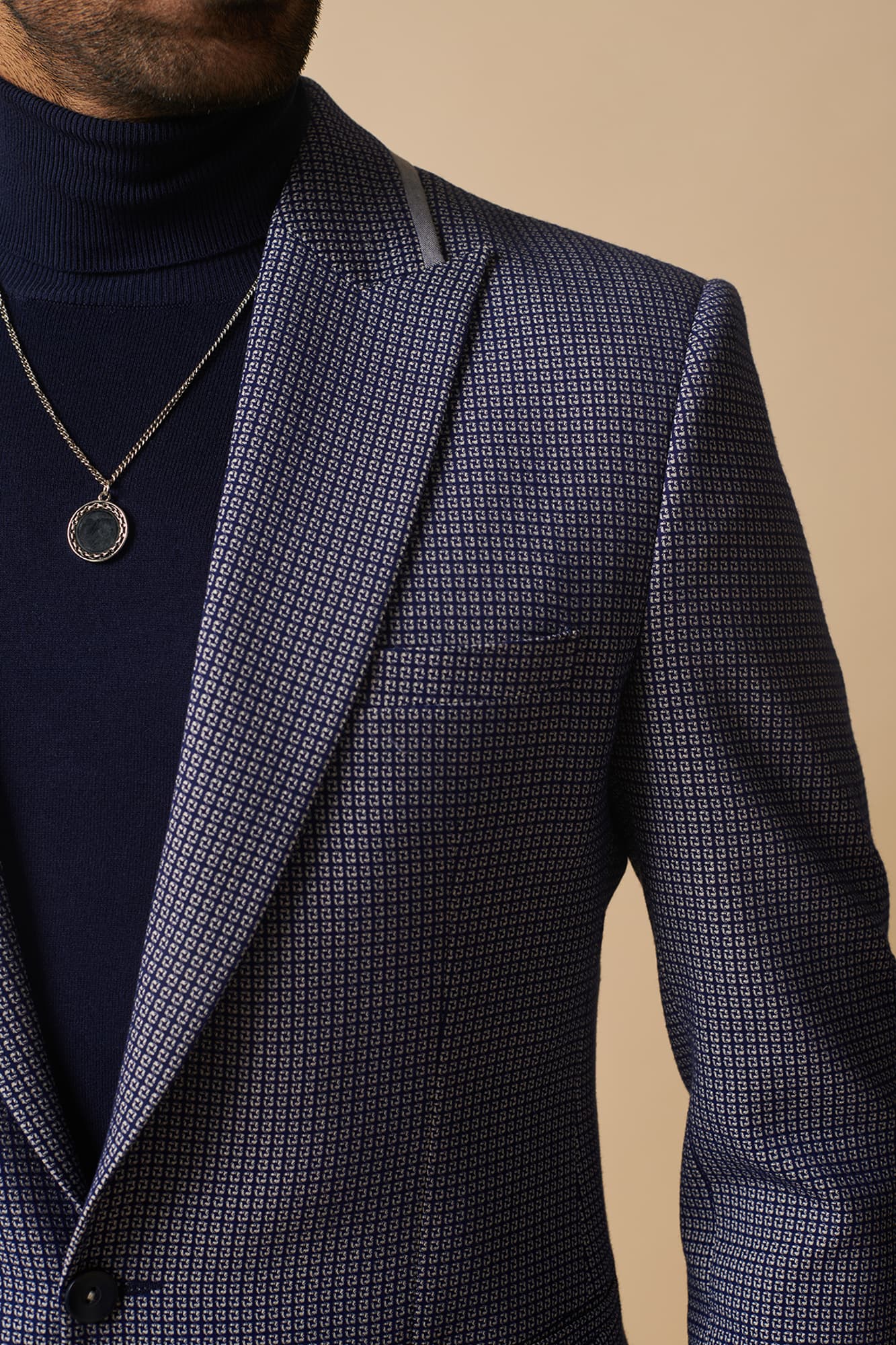 Mens White Collar Blue textured blazer with collar details