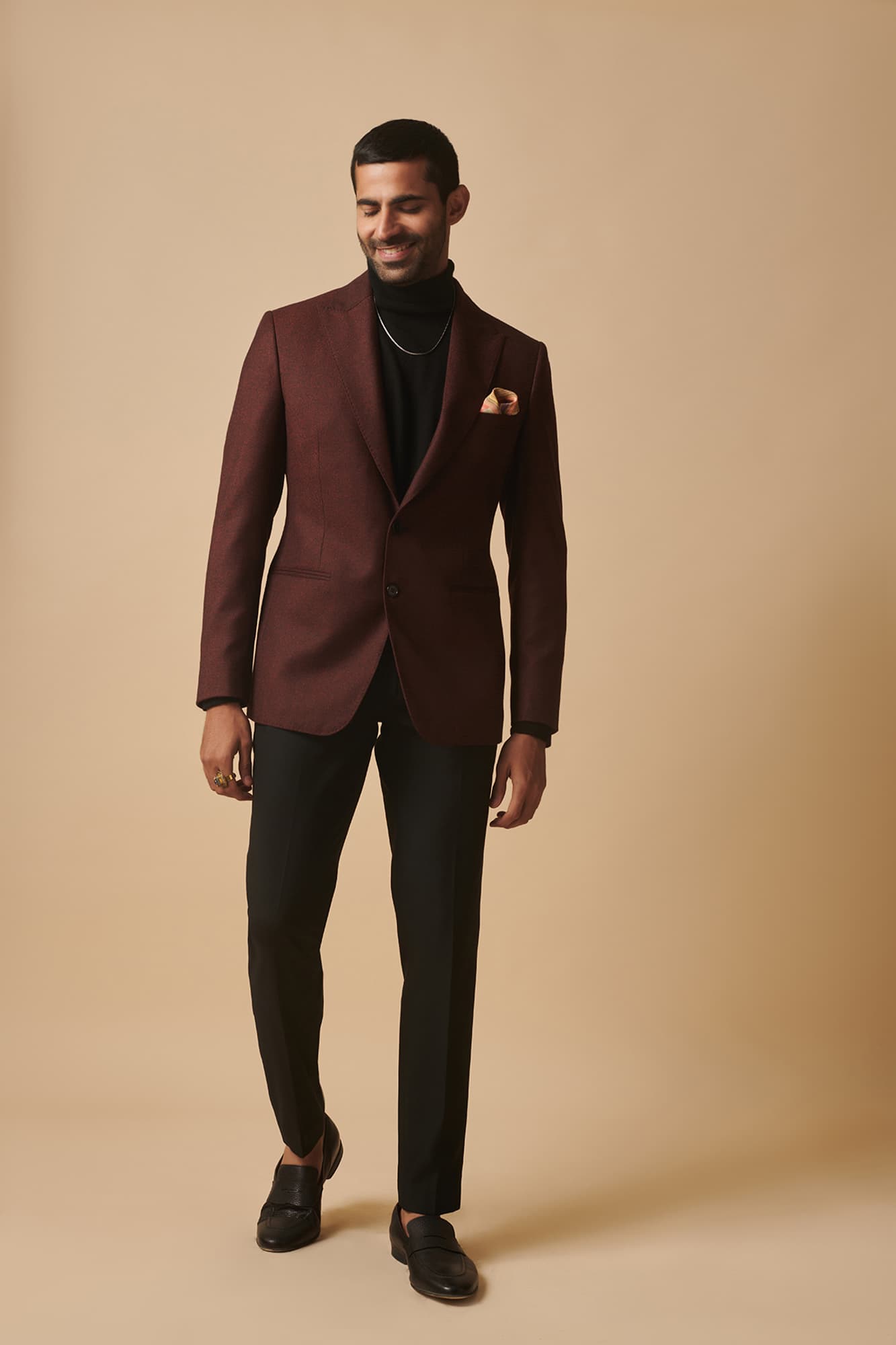 Mens Liber Wine herringbone jacket with peak lapel