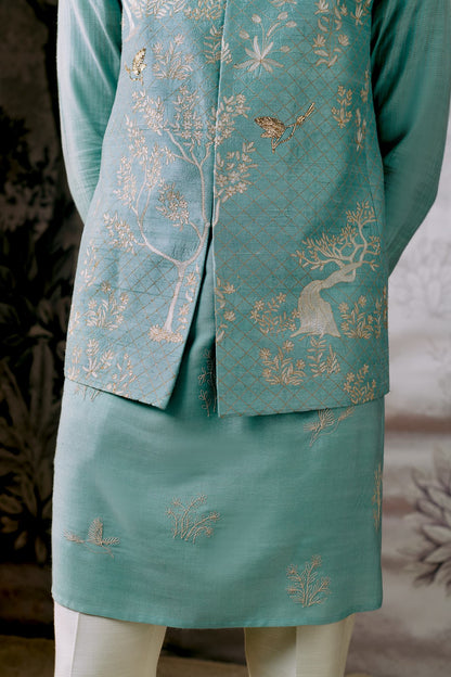 Mens Parinda  Light blue bandi with forest inspired gold embroidery