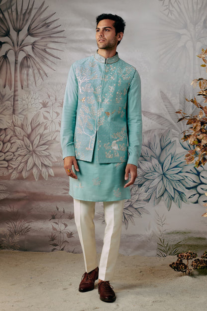 Mens Parinda  Light blue bandi with forest inspired gold embroidery