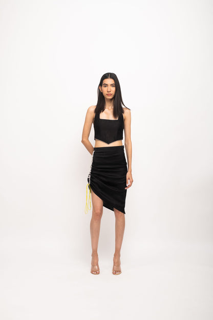 Women Wearing Black Skirt Set.