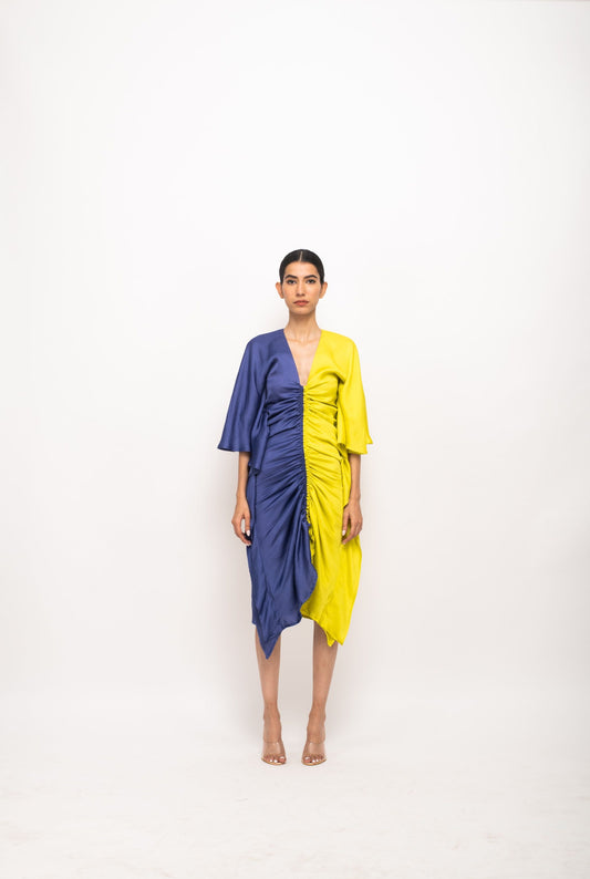 Women Wearing Yellow-Blue Cape Dress