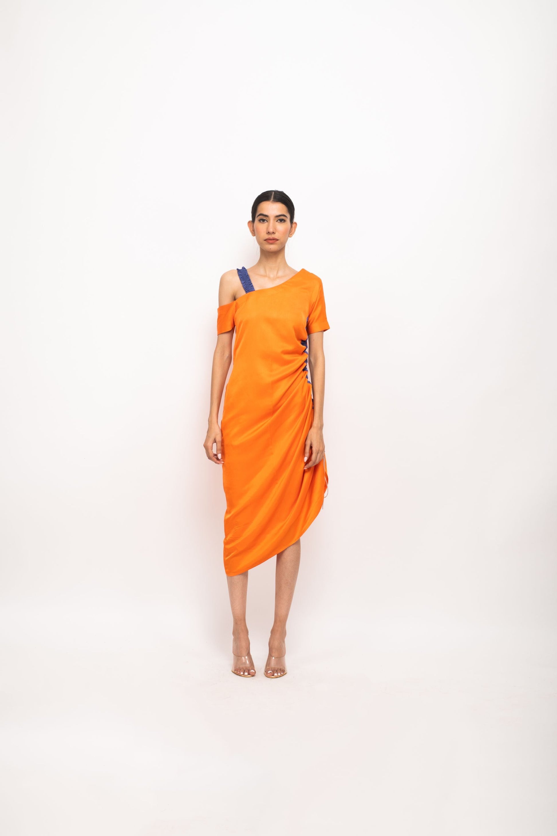 Women Wearing Orange Body Fitted Dress.