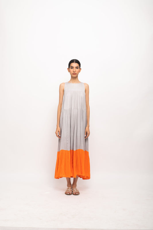 Women Wearing Grey-Orange Maxi Dress.