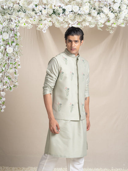 Mens Bagh Green Cotton Bundi Kurta Set With Motifs