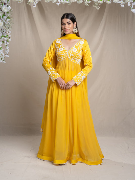Women Wearing  Yellow Modal Anarkali Set