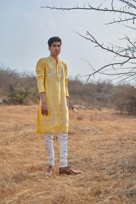 Mens Wear KOA Yellow Chanderi Kurta Set