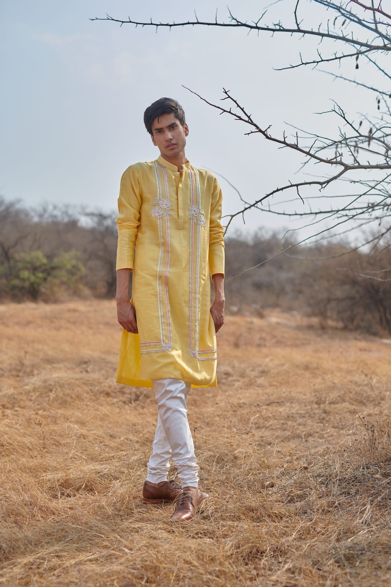 Mens Wear KOA Yellow Chanderi Kurta Set