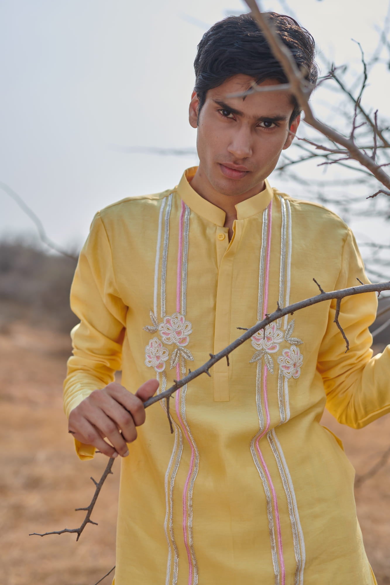 Mens Wear KOA Yellow Chanderi Kurta Set