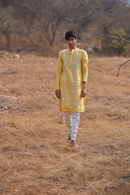 Mens Wear KOA Yellow Chanderi Kurta Set