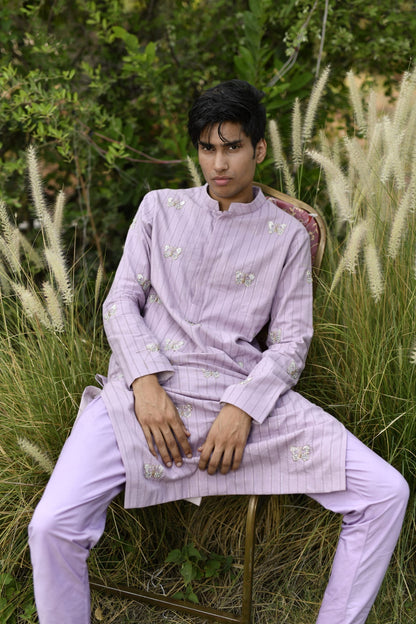 Mens KOA Purple Butterfly Rawsilk Kurta Set