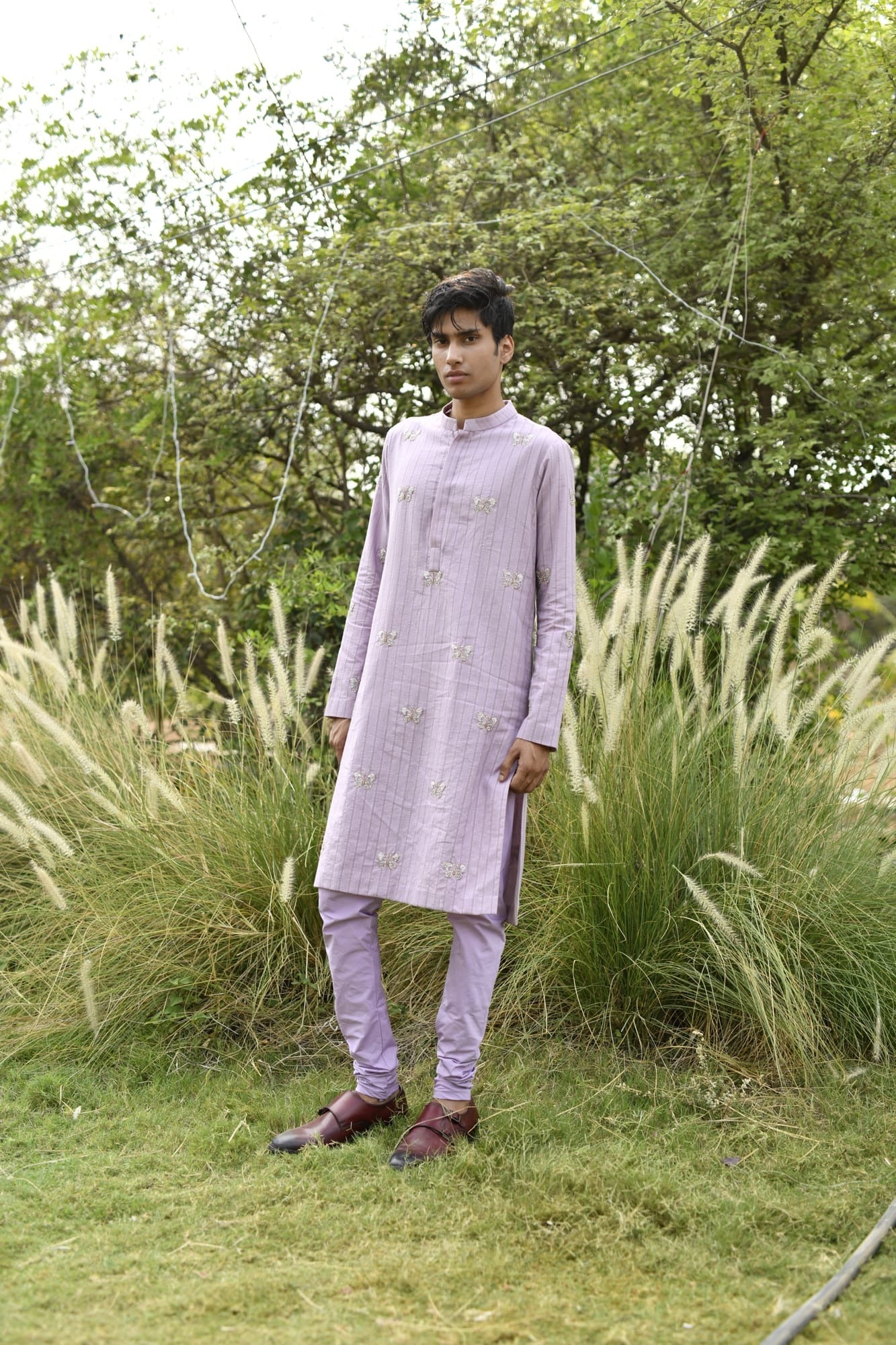 Mens KOA Purple Butterfly Rawsilk Kurta Set