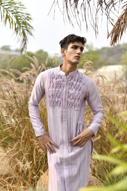 Mens KOA Purple Smocked Rawsilk Kurta Set