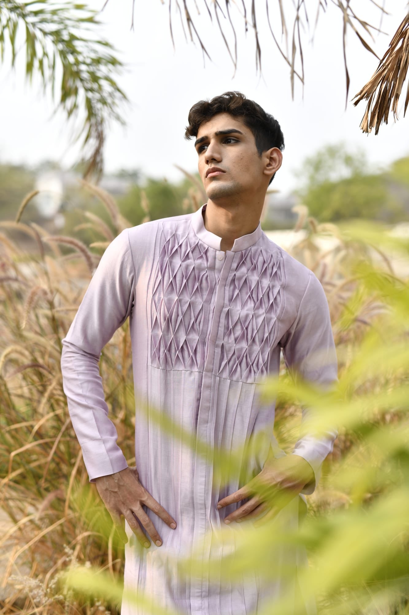 Mens KOA Purple Smocked Rawsilk Kurta Set