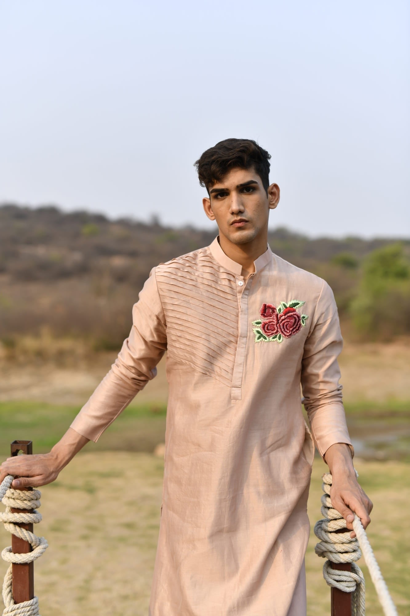 Mens KOA Pink Rosette Rawsilk Kurta Set