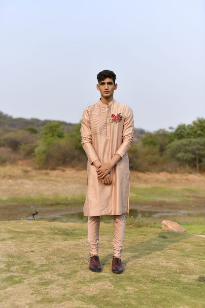 Mens KOA Pink Rosette Rawsilk Kurta Set