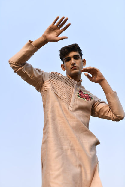 Mens KOA Pink Rosette Rawsilk Kurta Set