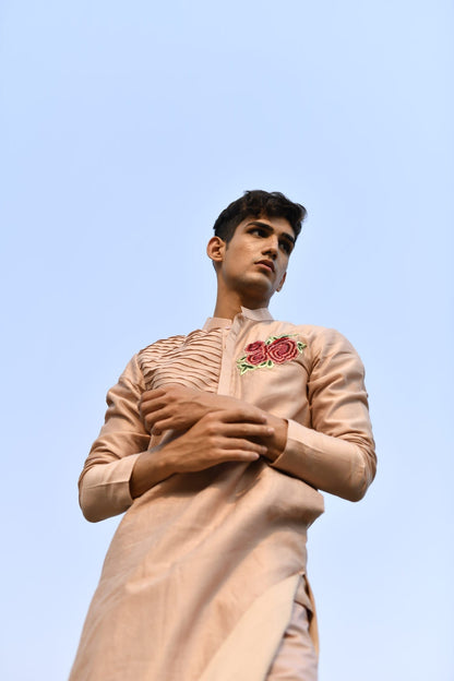 Mens KOA Pink Rosette Rawsilk Kurta Set