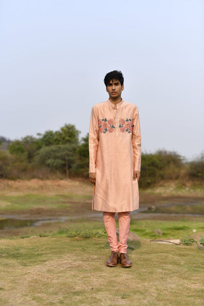 Mens Wear KOA Pink Rose Rawsilk Kurta Set