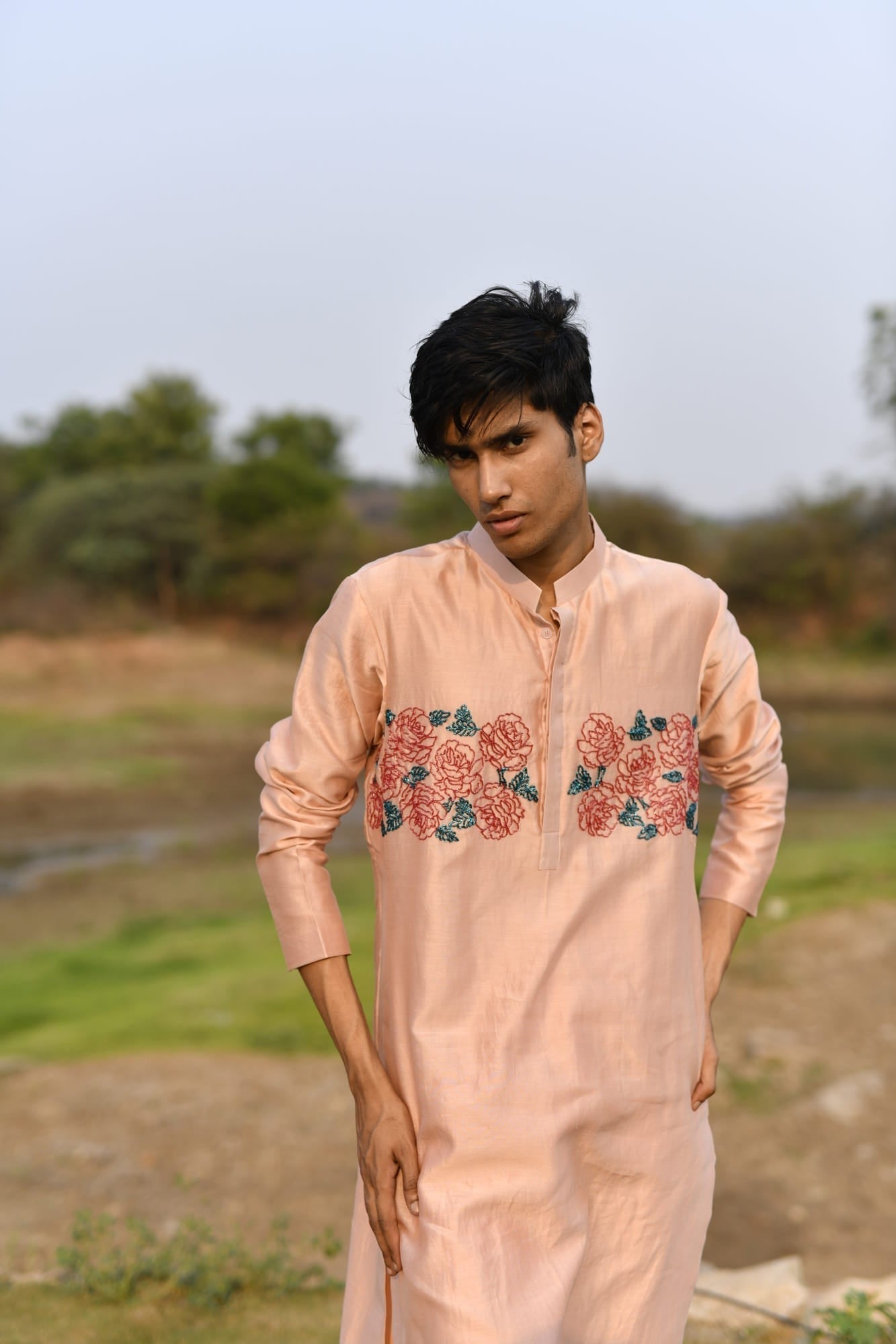 Mens Wear KOA Pink Rose Rawsilk Kurta Set