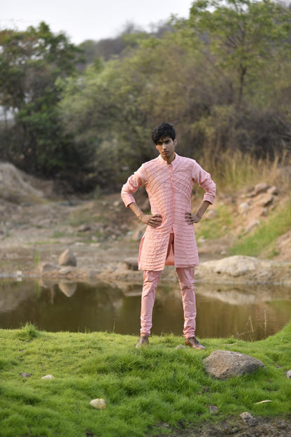 Mens KOA Pink Rawsilk Kurta Set