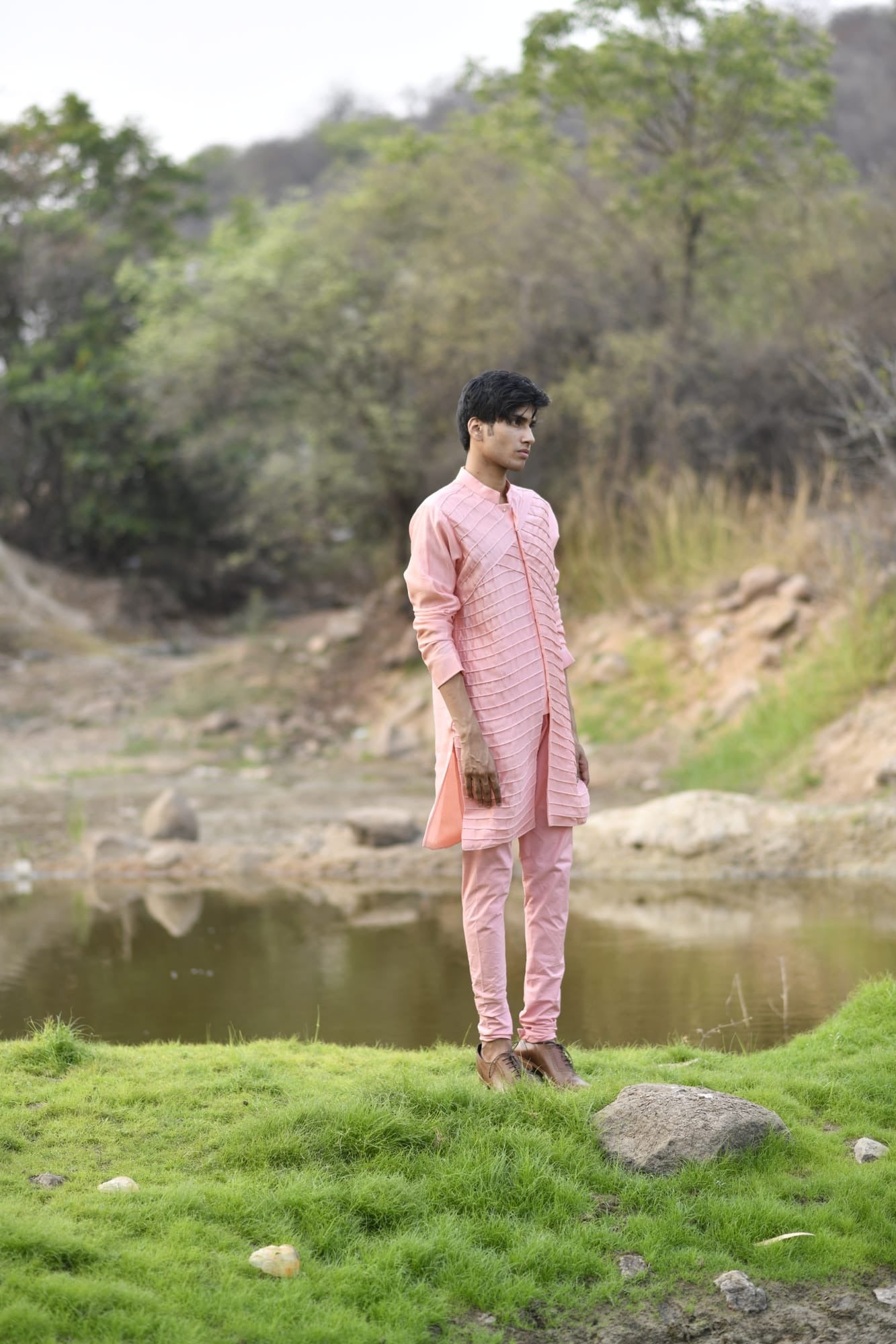 Mens KOA Pink Rawsilk Kurta Set