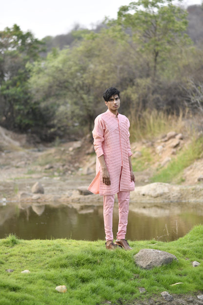 Mens KOA Pink Rawsilk Kurta Set