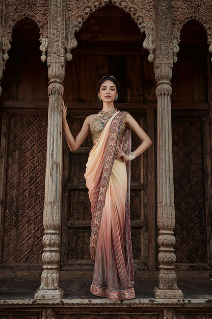 Women Wearing Green Pre-Draped Saree.