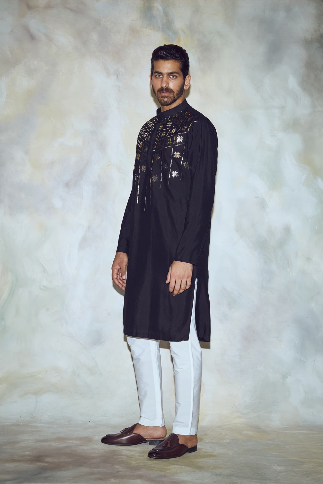 Mens Rang Black Silk Self Kurta