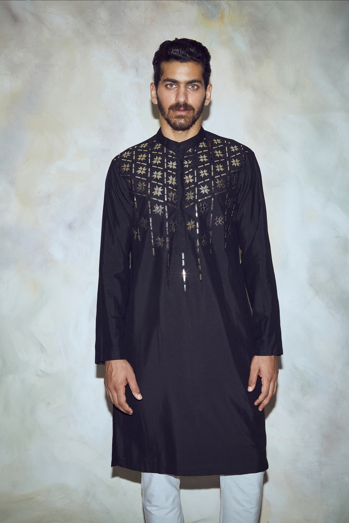 Mens Rang Black Silk Self Kurta